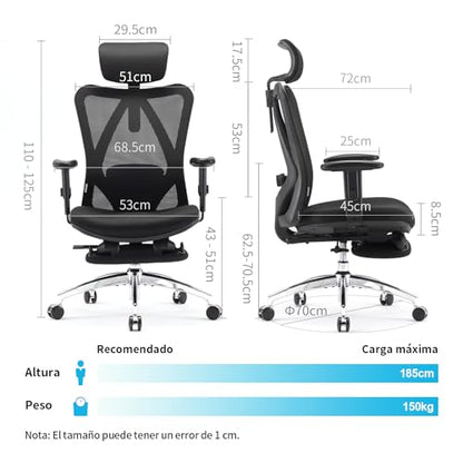SIHOO Silla de Escritorio Ergonómica Reclinable para Oficina con reposapiés, Silla para Computadora con Respaldo Alto y reposabrazos Ajustable, Malla cómoda y Ruedas Lisas (Negro)