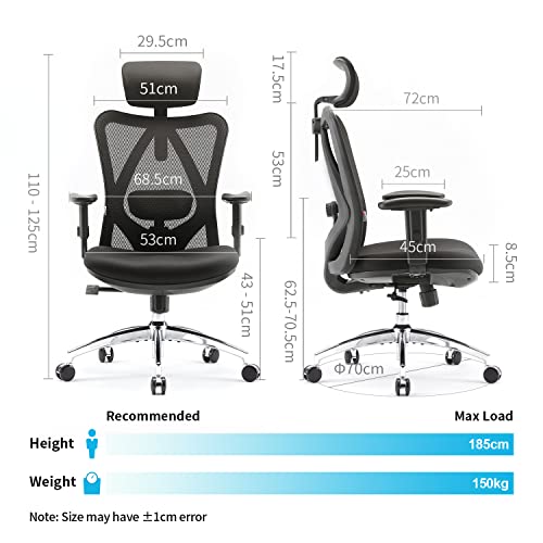 SIHOO M18 Silla Ergonómica de Oficina, Silla de Escritorio con Soporte Lumbar Ajustables, Reposacabezas y Apoyabrazos, Malla Giratoria, Mecanismo de Inclinación, Carga máxima de 150 kg/ 330LB