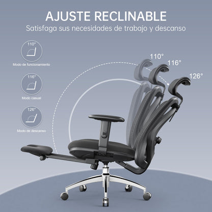 SIHOO Silla de Escritorio Ergonómica Reclinable para Oficina con reposapiés, Silla para Computadora con Respaldo Alto y reposabrazos Ajustable, Malla cómoda y Ruedas Lisas (Negro)