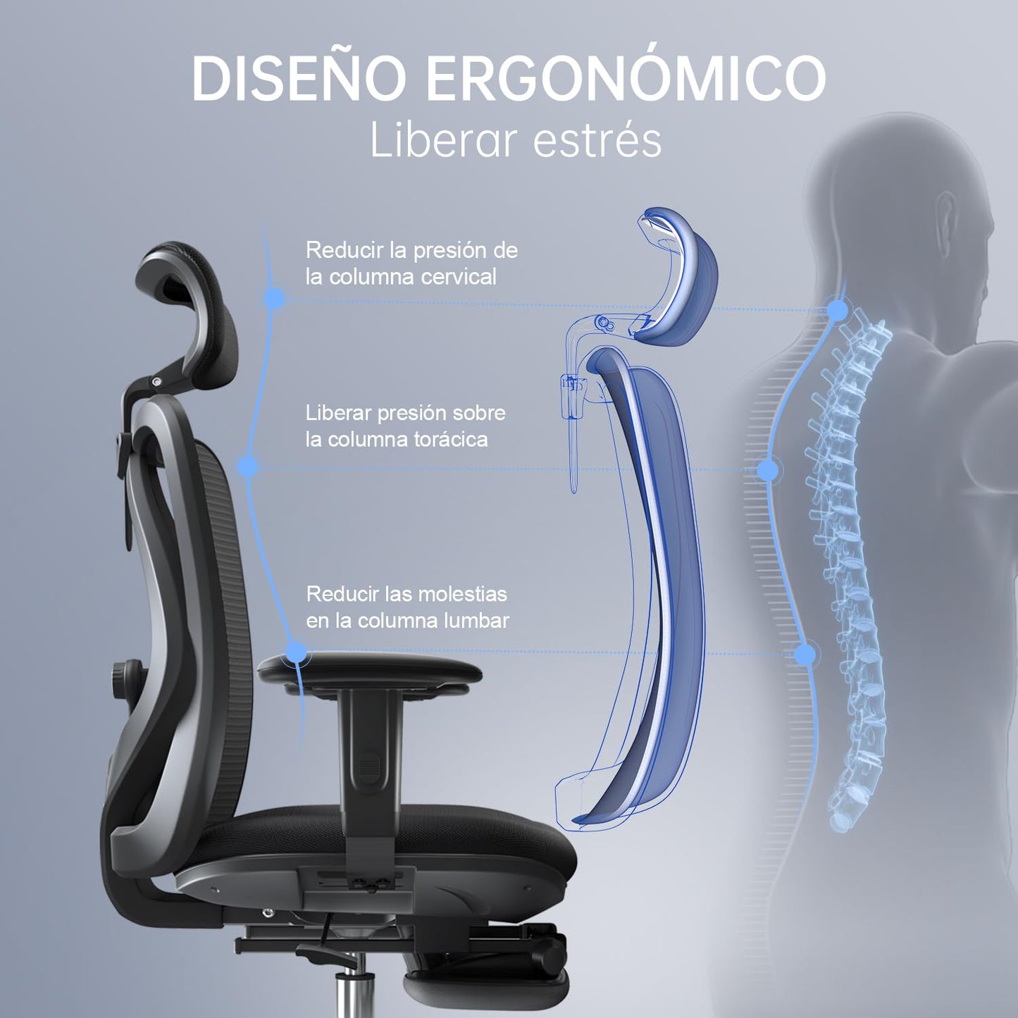 SIHOO Silla de Escritorio Ergonómica Reclinable para Oficina con reposapiés, Silla para Computadora con Respaldo Alto y reposabrazos Ajustable, Malla cómoda y Ruedas Lisas (Negro)