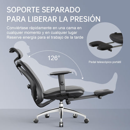 SIHOO Silla de Escritorio Ergonómica Reclinable para Oficina con reposapiés, Silla para Computadora con Respaldo Alto y reposabrazos Ajustable, Malla cómoda y Ruedas Lisas (Negro)