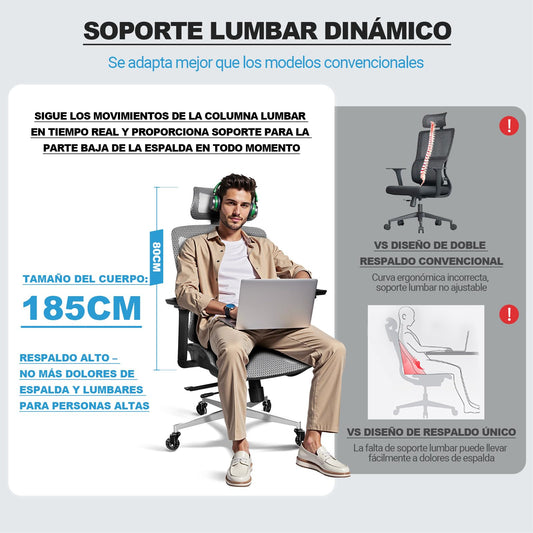 MELOKEA Silla Ergonomica de Escritorio, Reposabrazos 4D, Asiento Regulable en Profundidad, Ruedas de Goma, Inclinación de 4 Niveles, Silla de Oficina Ergonómica, Malla, Gaming & Despacho, Gris