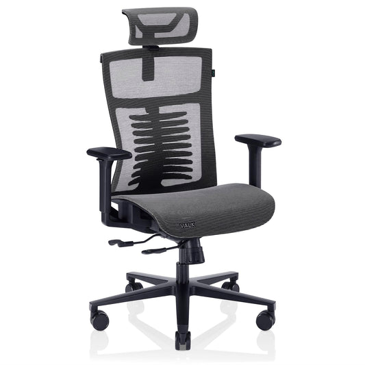 VALK Noma Office - Silla Gaming de Malla Transpirable, Silla Oficina Ergonomica, Reposabrazos 3D, Mecanismo Sincronizado con Asiento Deslizante, Base Aluminio, Reclinable (Gris/Negro)