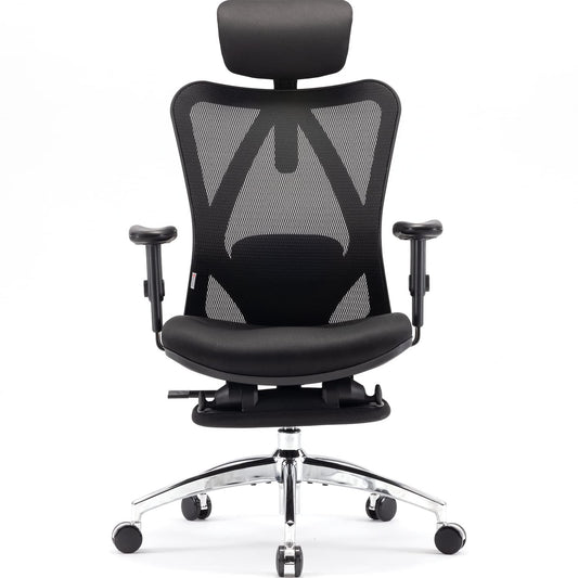 SIHOO Silla de Escritorio Ergonómica Reclinable para Oficina con reposapiés, Silla para Computadora con Respaldo Alto y reposabrazos Ajustable, Malla cómoda y Ruedas Lisas (Negro)