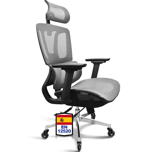 MELOKEA Silla Ergonomica de Escritorio, Reposabrazos 4D, Asiento Regulable en Profundidad, Ruedas de Goma, Inclinación de 4 Niveles, Silla de Oficina Ergonómica, Malla, Gaming & Despacho, Gris