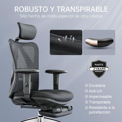 SIHOO Silla de Escritorio Ergonómica Reclinable para Oficina con reposapiés, Silla para Computadora con Respaldo Alto y reposabrazos Ajustable, Malla cómoda y Ruedas Lisas (Negro)