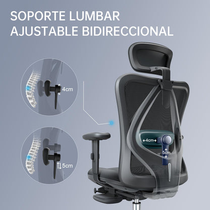 SIHOO Silla de Escritorio Ergonómica Reclinable para Oficina con reposapiés, Silla para Computadora con Respaldo Alto y reposabrazos Ajustable, Malla cómoda y Ruedas Lisas (Negro)