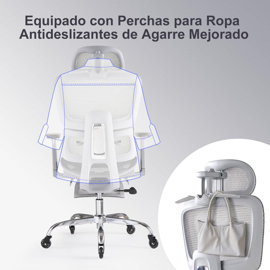 LarkLeaves Silla de Oficina Ergonómica con Reposapiés y Almohadilla Cervical - Respaldo Ajustable 5 Niveles, Soporte Lumbar 2D, Ruedas de Goma Silenciosas, Malla Transpirable para Oficina, Gris
