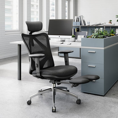 SIHOO Silla de Escritorio Ergonómica Reclinable para Oficina con reposapiés, Silla para Computadora con Respaldo Alto y reposabrazos Ajustable, Malla cómoda y Ruedas Lisas (Negro)