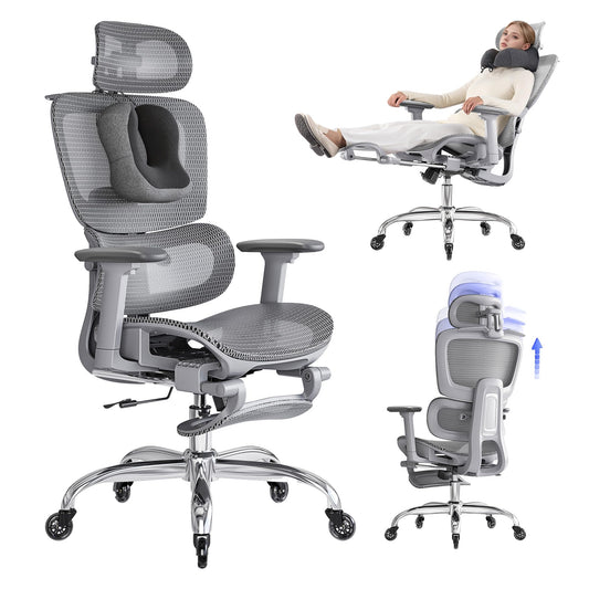 LarkLeaves Silla de Oficina Ergonómica con Reposapiés y Almohadilla Cervical - Respaldo Ajustable 5 Niveles, Soporte Lumbar 2D, Ruedas de Goma Silenciosas, Malla Transpirable para Oficina, Gris
