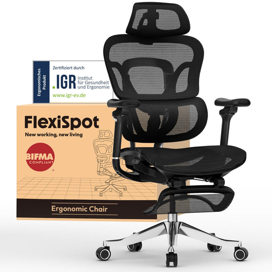 FLEXISPOT ERGOX MAX Silla Ergonómica hasta 300 kg, con Reposapiés, Reposacabezas 4D, Reposabrazos 5D, Respaldo y Soporte Lumbar de una Pieza, Silla de Oficina y Gaming, Negro